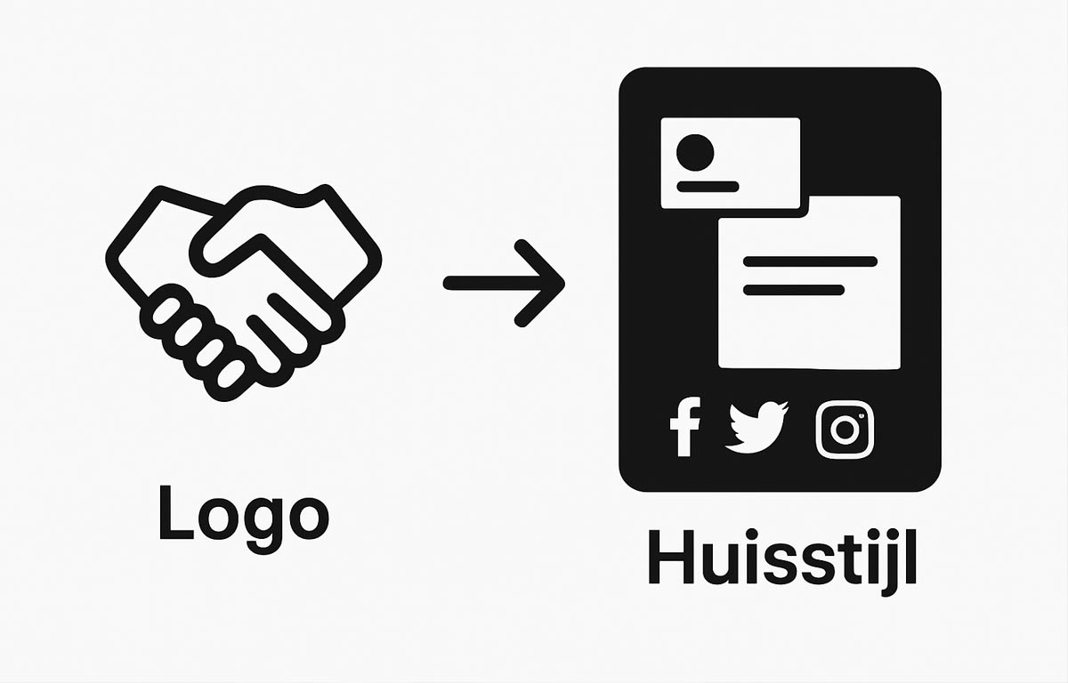 Eenvoudige visual: links logo-icoon, rechts complete huisstijlset