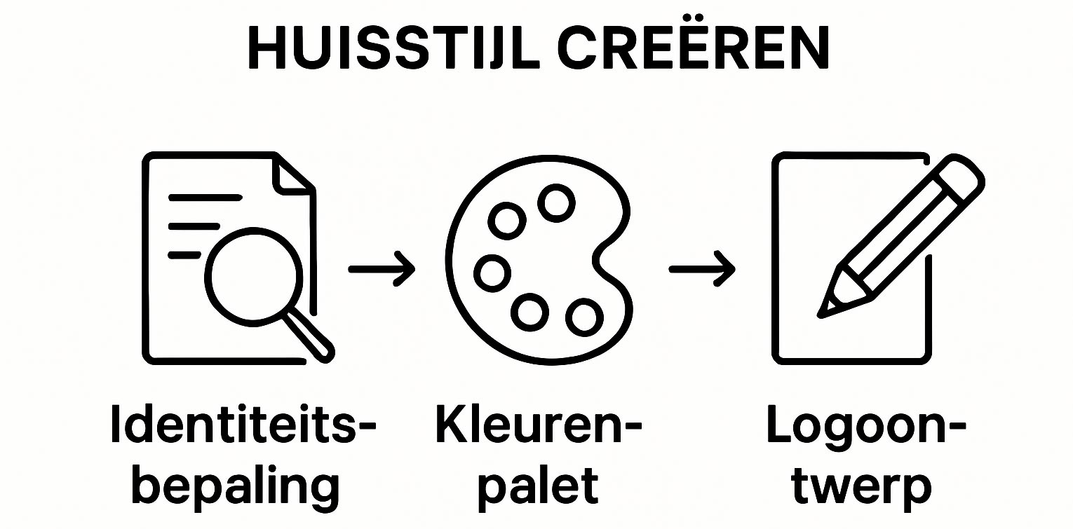 Infographic met drie stappen: identiteit bepalen, kleuren kiezen, logo ontwerpen