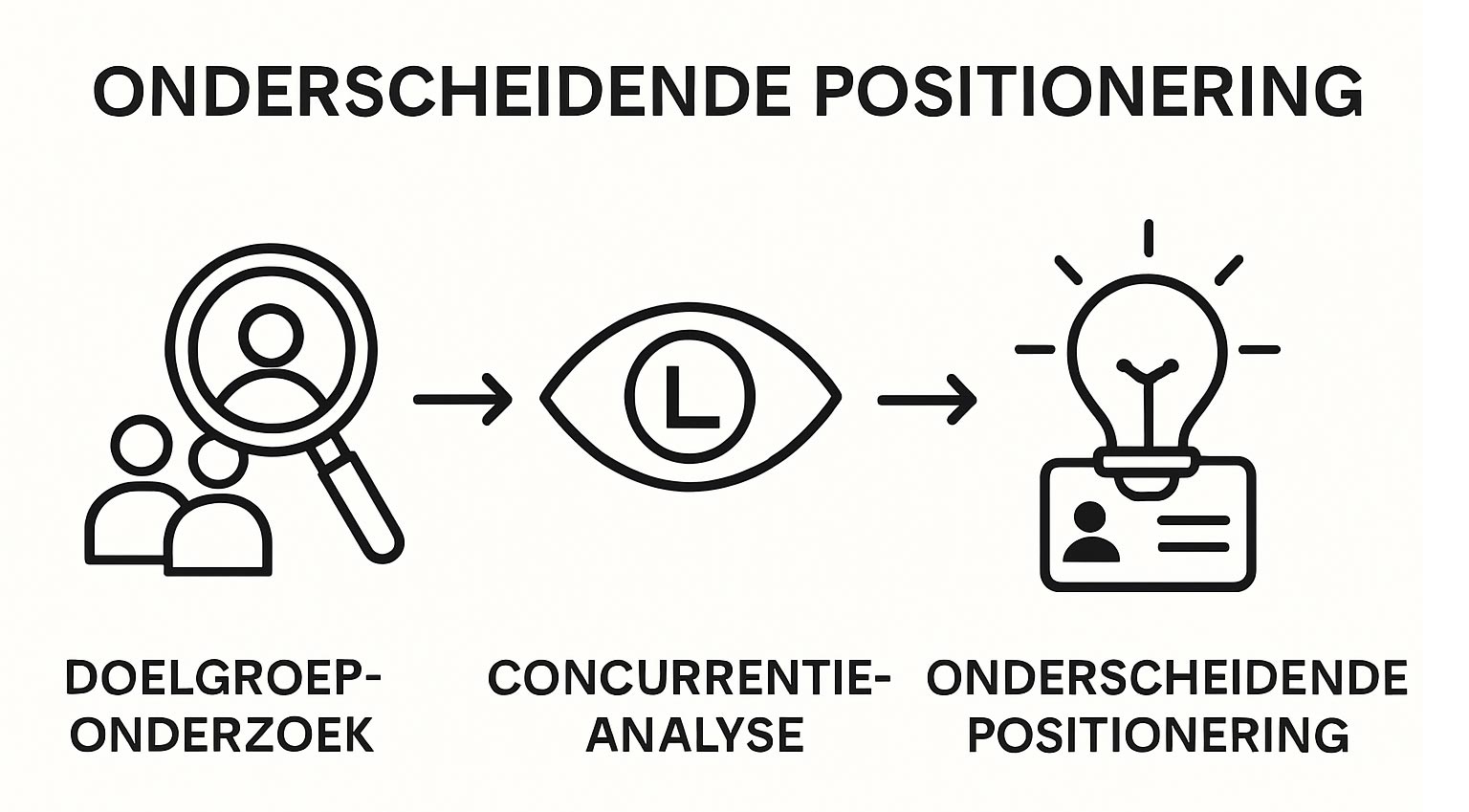 Infographic visualizing doelgroep onderzoek, concurrentie-analyse, en unieke positionering in huisstijl proces