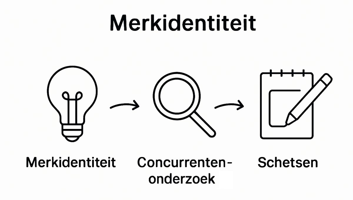 Infographic met drie-pictogrammen over de start van het logo proces