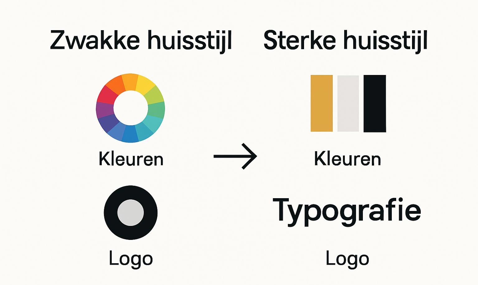 Vergelijking zwakke versus sterke huisstijl, visuele elementen naast elkaar