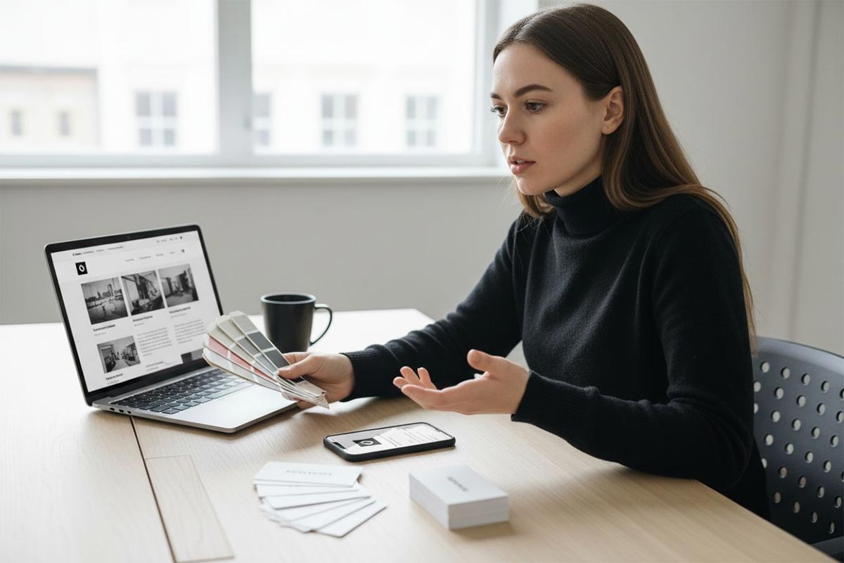 Grafisch ontwerpster zit aan haar bureau met pms stalen