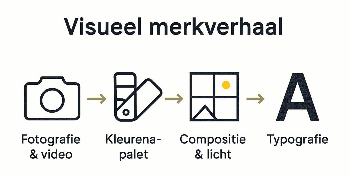 Infographic met vijf iconen voor merkverhaal bouwstenen