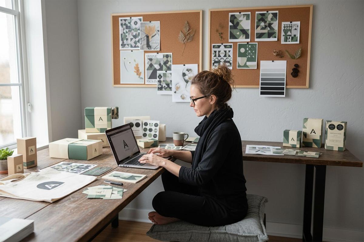Ondernemer werkt op laptop aan haar merkidentiteit
